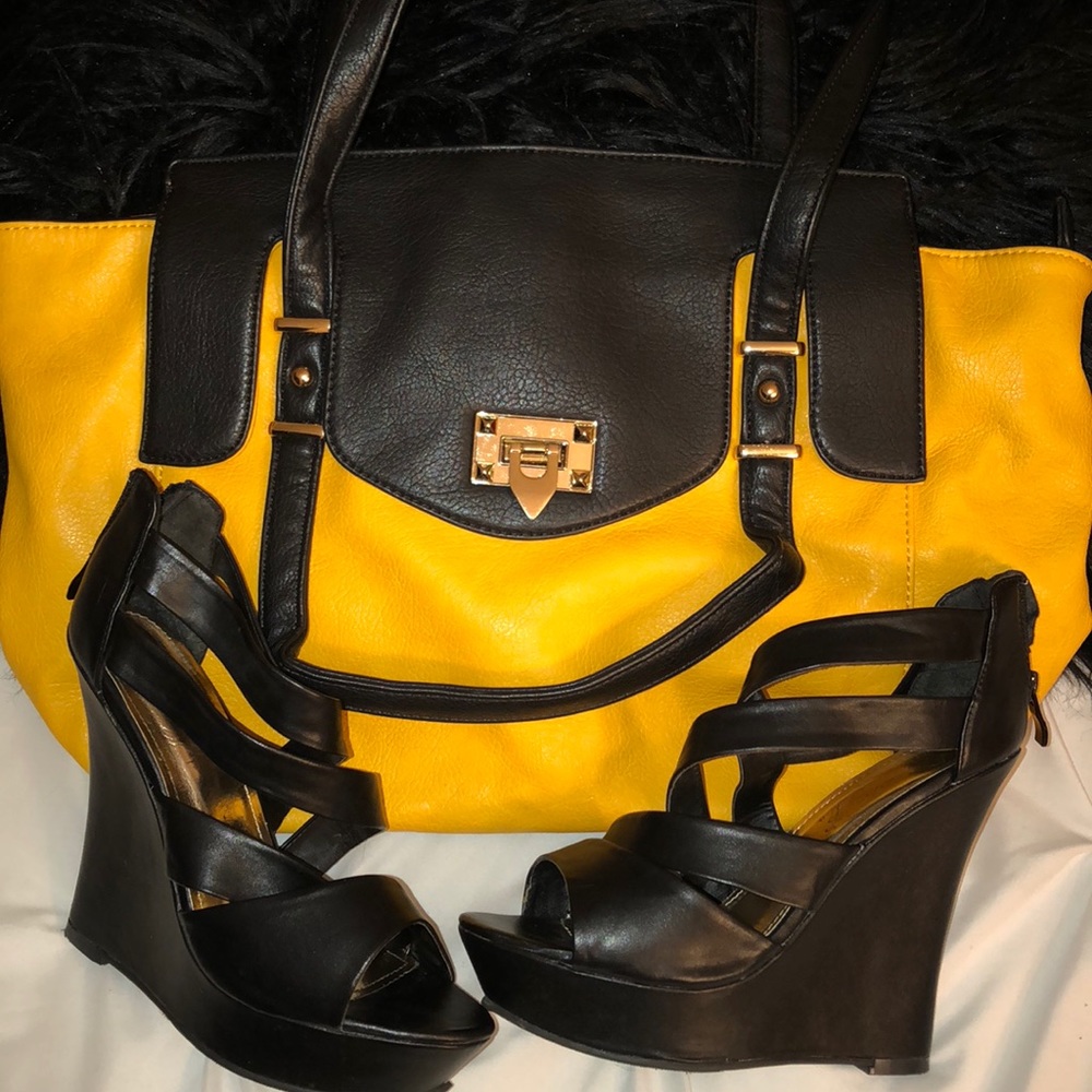 Black Faux Leather Design Wedges